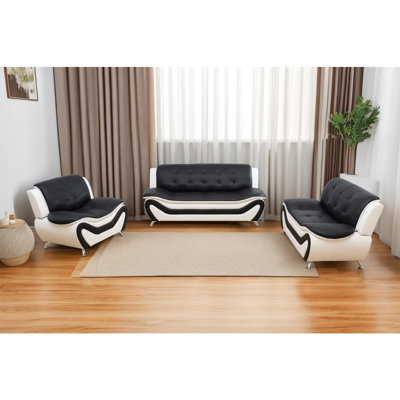 Black & White Faux Leather 3-Piece Sofa Set with High-Density Foam and Metal Legs