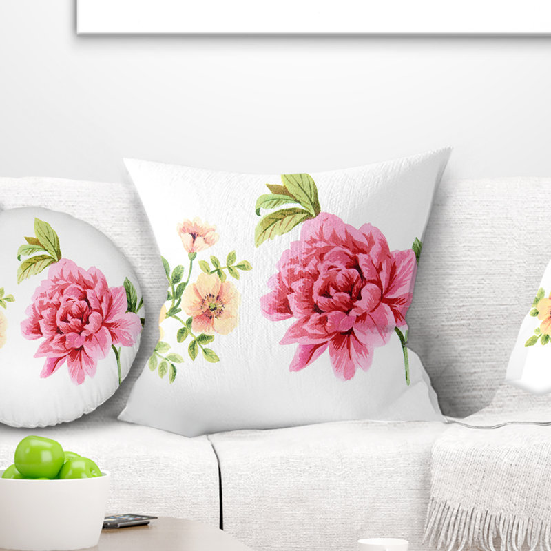 Fleurs roses et oranges - Coussin imprimé floral, 18 po x 18 po, Coussin décoratif