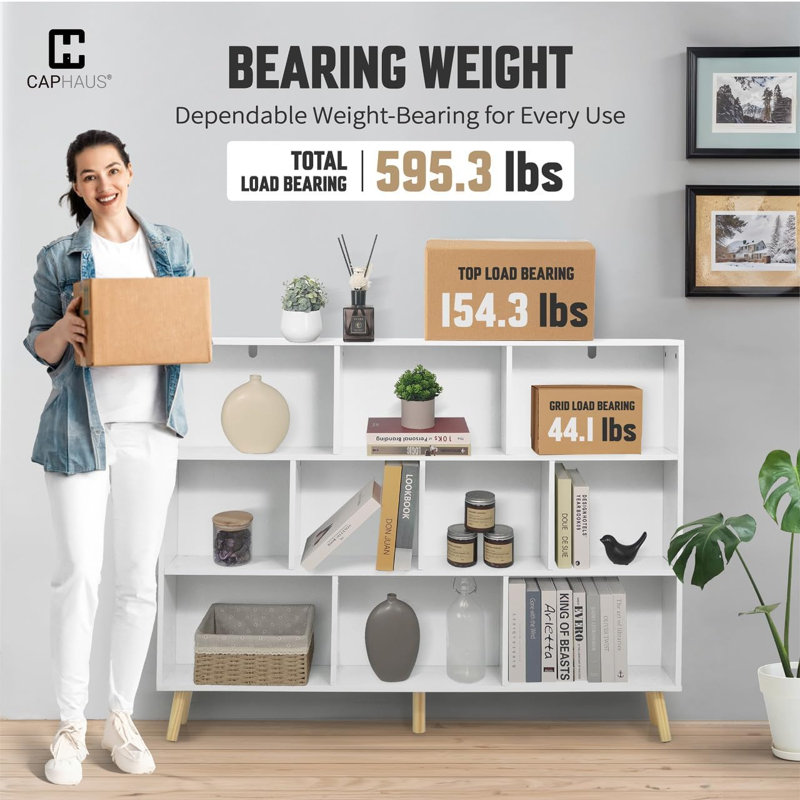 55-Inch Wide 10 Cube 3 Tier Wooden Bookshelf for Living Room, Bedroom, Office, Multiple Colors, White