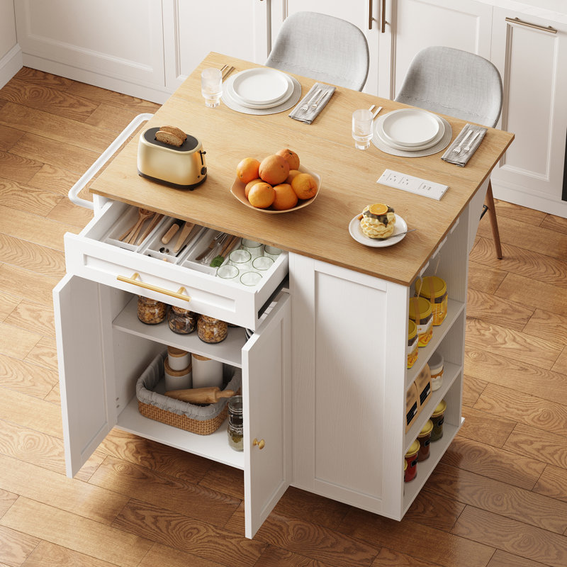 Kitchen Island Kitchen Island Cart with Drop Leaf, Power Outlets and Towel Rack, White