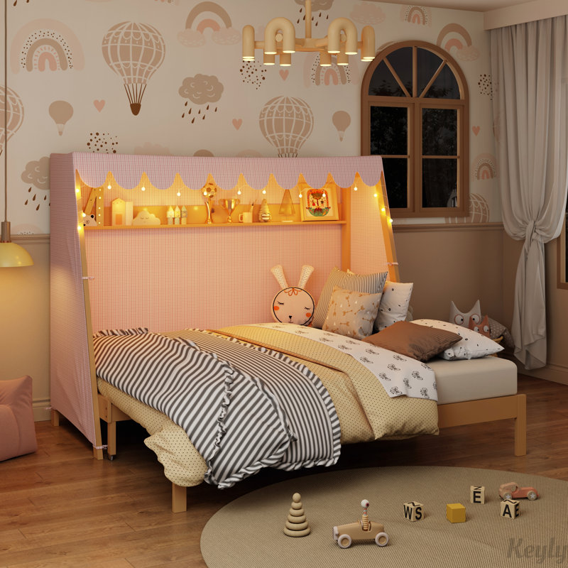 Lit maison avec lit gigogne, tente, tablette et lumière DEL, Naturel