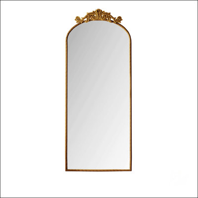 Arched Full Body Mirror With Vintage Carved Applique, Wall Mounted For Home Decor