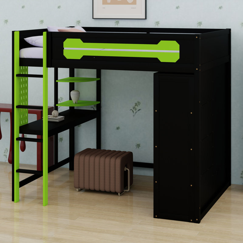 Modern Loft Bed with Integrated Desk and Open Wardrobe Storage, Green