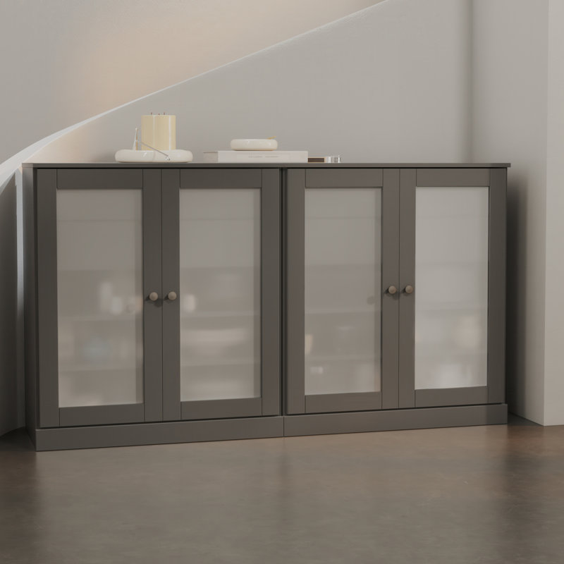 100% Solid Wood 64" Sideboard with Frosted Glass Doors, 4-Drawers and Adjustable Shelves, Gray