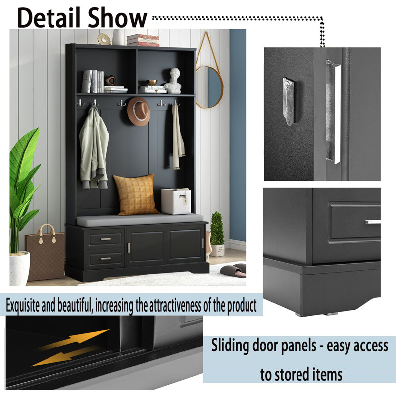 Hall Tree With Storage,Entryway Hall Tree With Bench And Doors,Hall Tree With Bench And Shoe Storage For Home, Black