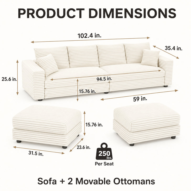 Canapé en velours côtelé 102,4 po Ramspoth, Beige et blanc