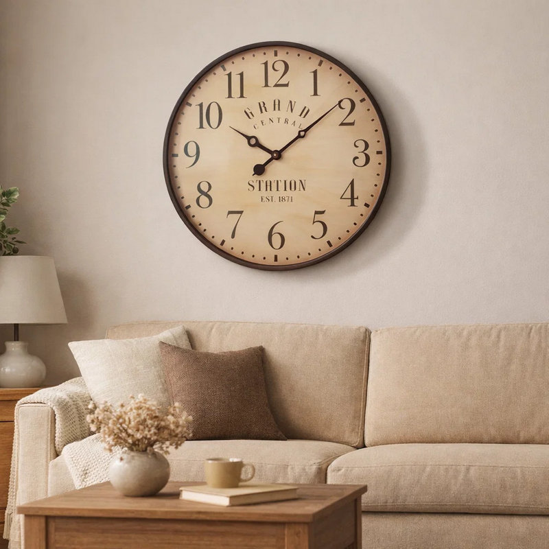 Wall Clock, 20 Inch Round Frame In Antique Brown, Bold Numerals