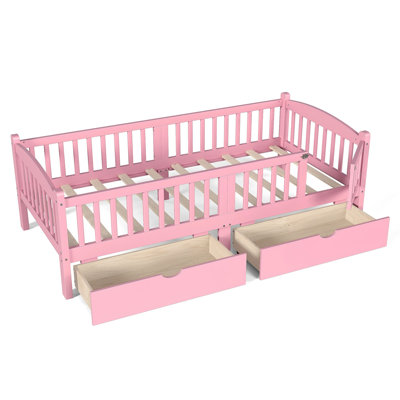 Lit plateforme simple TG avec garde-corps pleine longueur, lit plateforme pour enfants avec tiroirs de rangement, tête de lit enfantine et mignonne, rose