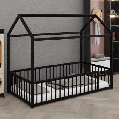 Child-Friendly Montessori Floor Bed Featuring House Silhouette And Fence