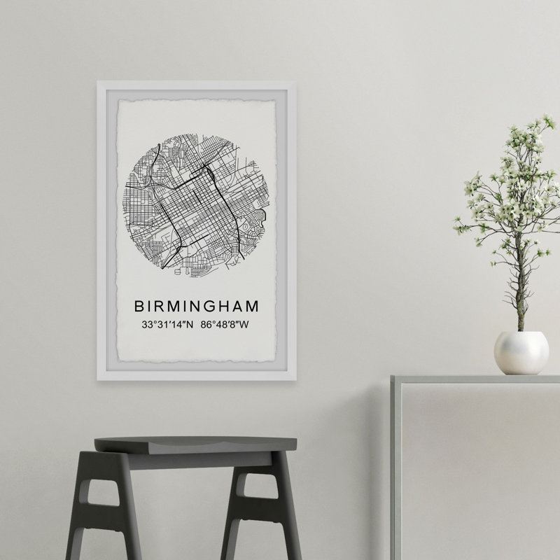 «Birmingham Circle Map - Reproduction d'art textuel sur papier encadré, H 45 po x l 30 po x P 1,5 po
