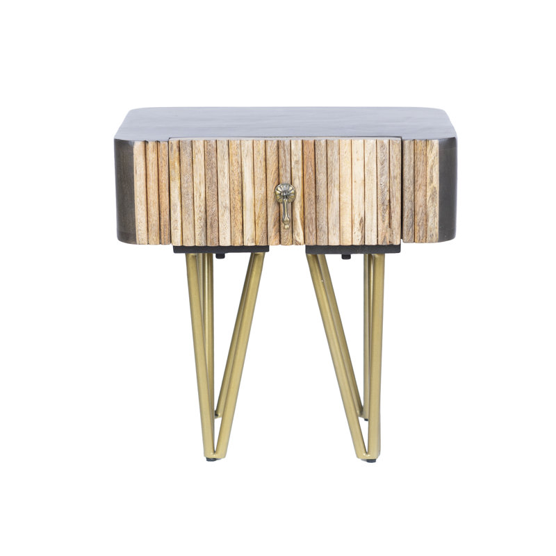Rustic Mango Wood Bedside Table with Golden Metal Legs and Drawer