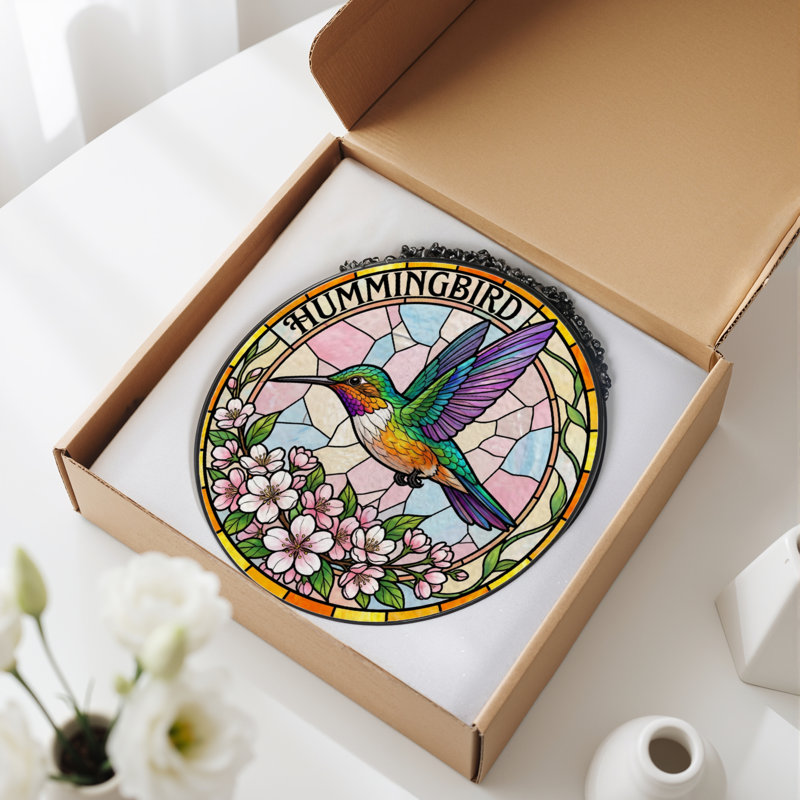 Panneau de vitrail à motif de colibri floral 12 po H 12 po, H 12 po x l 12 po