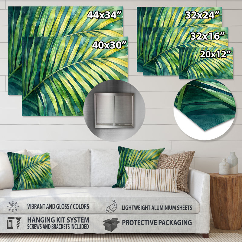 «Green Tropical Safari Palms III - Palm Trees», impression murale en métal, H 16 po x l 32 po