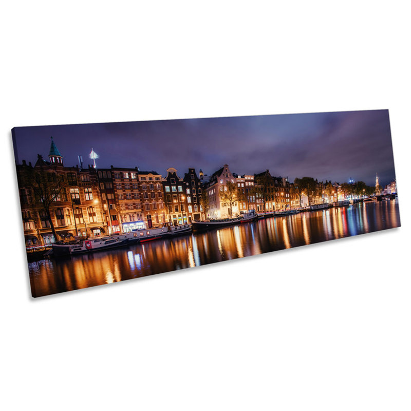 Amsterdam City Night Skyline - Wrapped Canvas Panoramic Art Prints, 60.96cm H x 182.88cm W x 4cm D