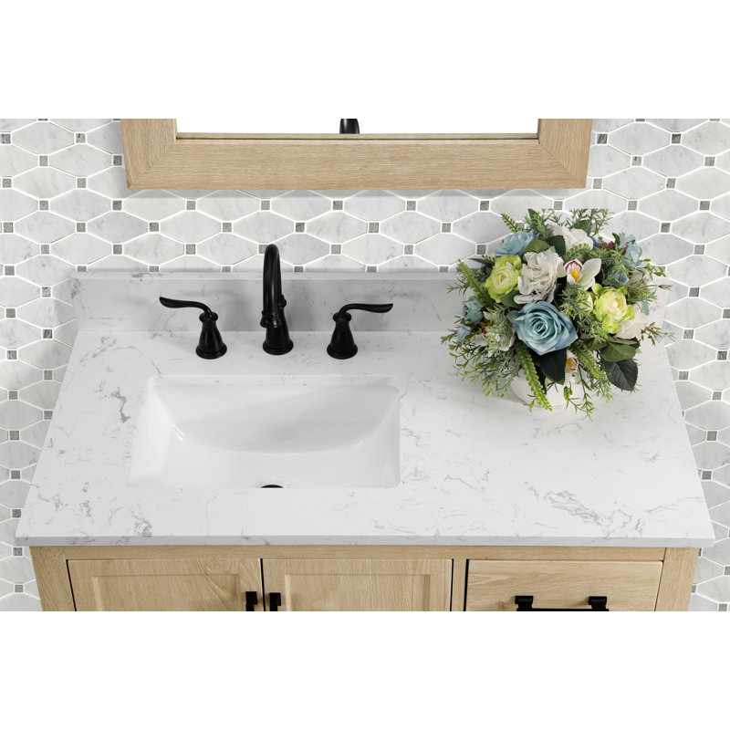 Meuble-lavabo simple 36 po avec comptoir en quartz blanc Carrara, lavabo et dosseret Hardin, pré-assemblé