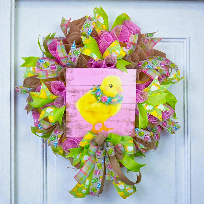 Colorful Easter Chick Wreath with Wood Sign, Premium Mesh & Bow – 24" Spring Door Decor