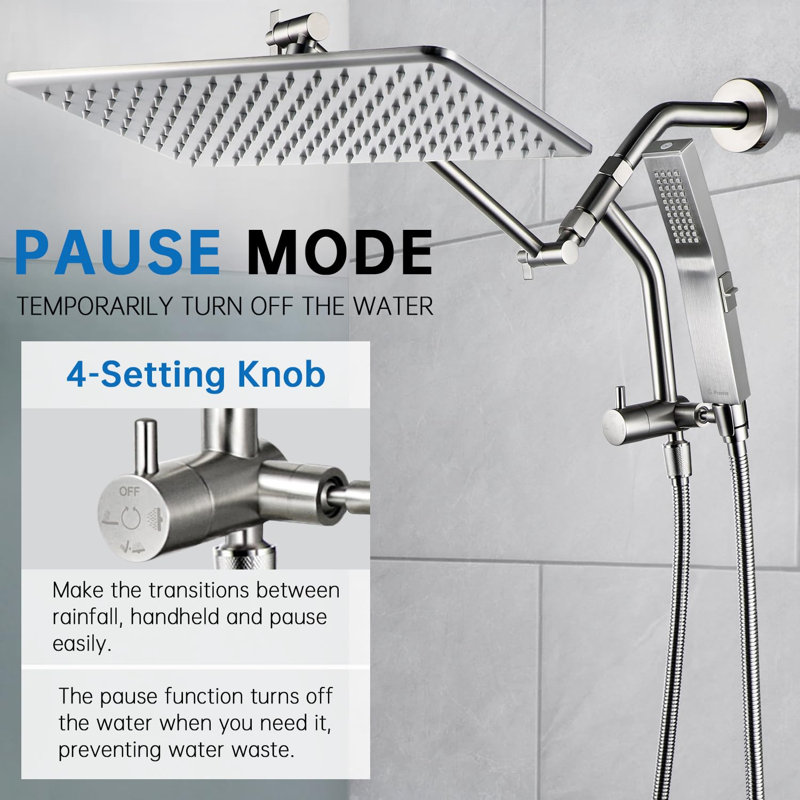 14 Inches Rain Shower Head, 3-Way Diverter With Pause Setting,Adjustable Extension Arm, Brushed Nickel