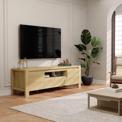 Meuble télé Modern Farmhouse avec portes et armoire - console de divertissement, tablettes de rangement réglables, pour téléviseur de 60 po ou moins, couleur bois naturel - couleur bois naturel, 1,4 mètre