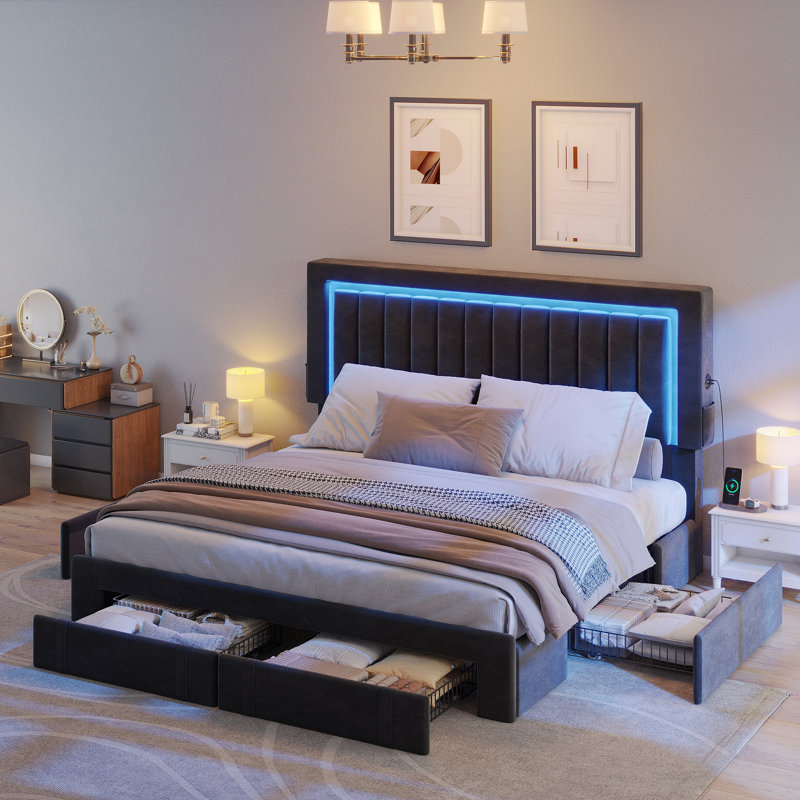 LED Adjustable Velvet Upholstered Headboard Bed Frame With 4 Storage Drawers And USB Ports, Black, King