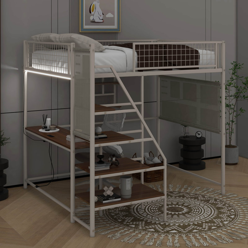 Full Size Loft Metal Bed With Built-In Charging Station And LED Light, White