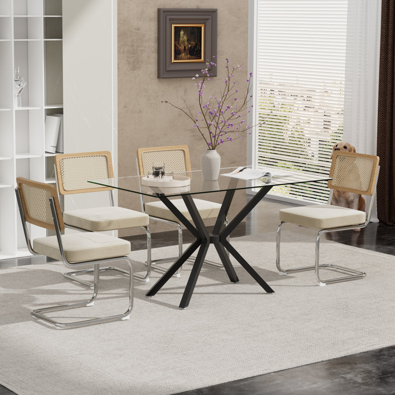 Rectangular Tempered Glass Dining Table Set With Luxury Velvet Rattan Back Upholstered Dining Chairs - Modern Contemporary Small Space Design