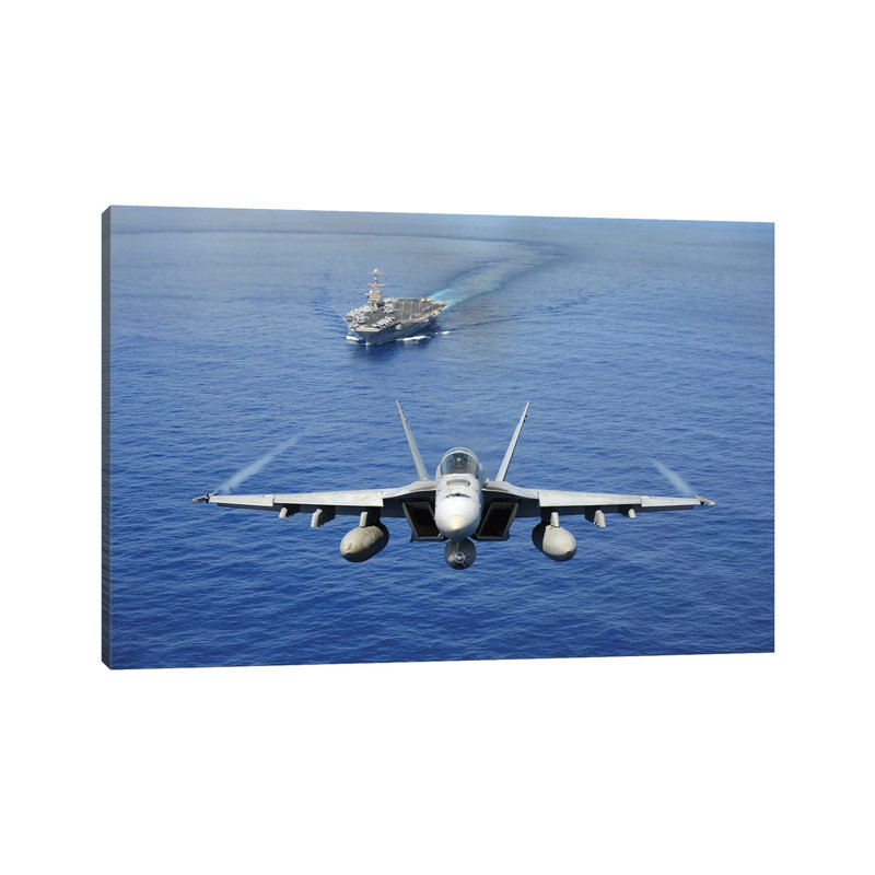 An F/A-18E Super Hornet Flying Above USS John C. Stennis 1 Piece Wrapped Canvas Wall Art