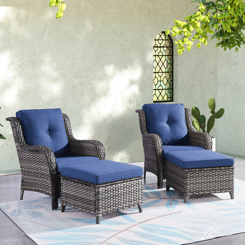 Bonia Outdoor Lounge Chair with Ottoman, Gray Frame/Blue Cushion