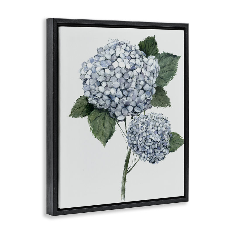 «Subtle Country Hydrangeas», art mural encadré flottant gris par Hannah Dawson, Cadre flottant noir de jais