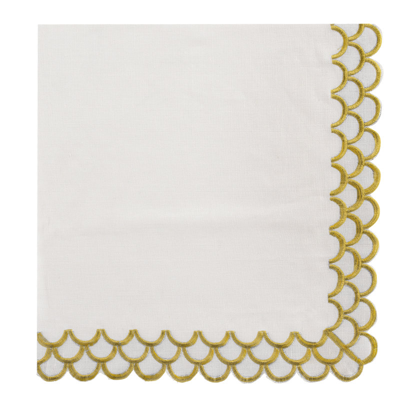 Peacock Linen Napkin, White/Gold