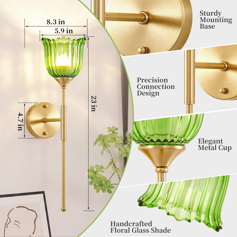 Set of 2 Battery Operated Wall Sconces With Remote Control With Green Tulip Glass Lampshade