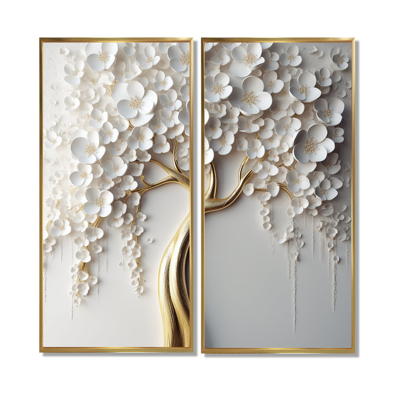 Orchidée blanche jardin de branches VII - impression d'art moderne arbre mural (sans texture) - ensemble de 2, Doré
