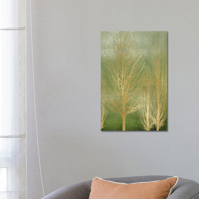 Gold Trees On Green Panel II by Kate Bennett - Wrapped Canvas Painting
