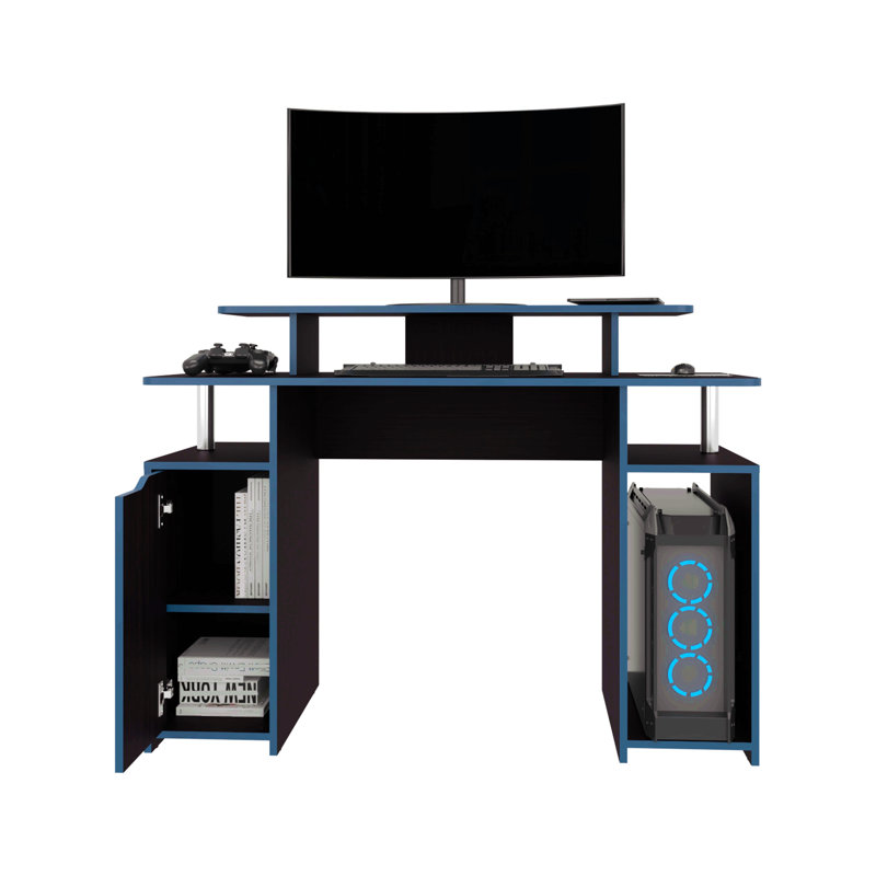 Bureau de jeu à 2 niveaux avec trois tablettes et support pour tour PC, noir