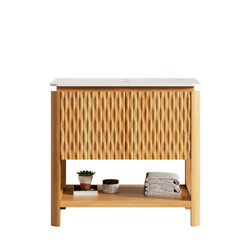 Armoire autoportante 30 po avec 2 portes et tablette ouverte Sharma, plateau en pierre frittée blanc de Carrare, sans lavabo, sans robinet et drain, couleur grain de bois