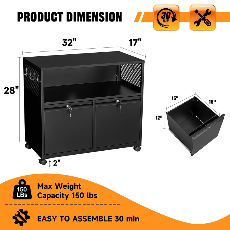 32'' Wide 2 -Drawer Mobile Steel File Cabinet, Black