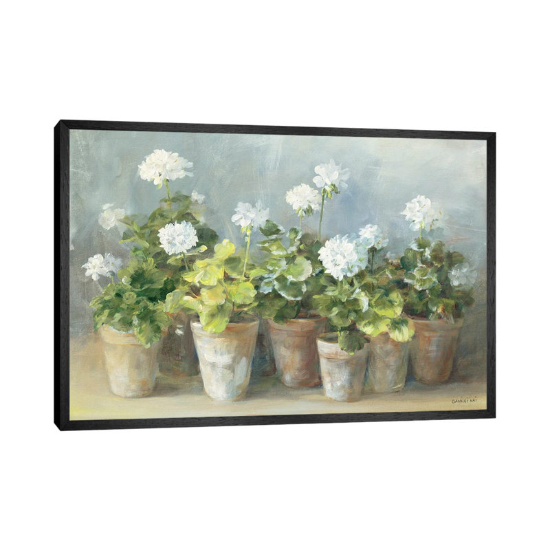 White Geraniums by Danhui Nai - Painting on Canvas, 66.04 cm H x 45.72 cm W, Black Floater Framed