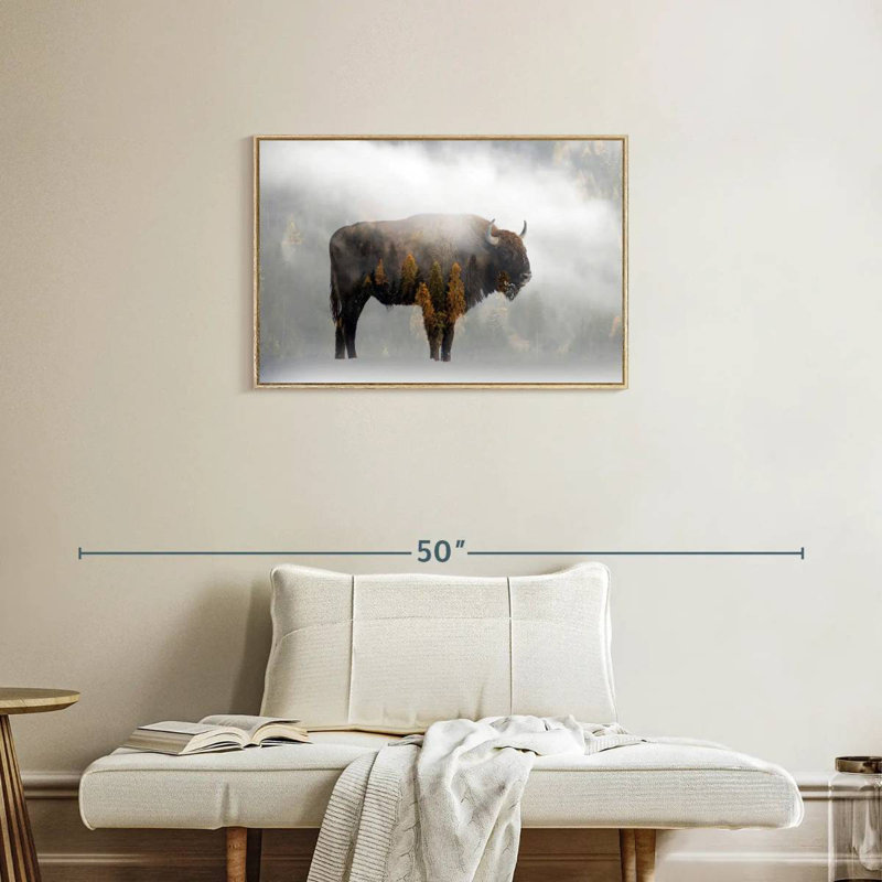 Bison de la forêt de pins, Cadre flottant en bois naturel, 31 po x 21 po