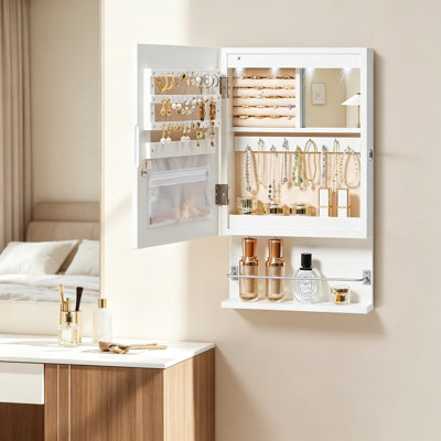 Wall Mounted Jewelry Cabinet with LED Lights and Interior Mirror, Lockable Jewelry Armoire with Velvet-Lined Storage, Hanging Jewelry Organizer for Earrings, Necklaces, Rings, and Bracelets, White, 3.9 x 11.8 x 20.9 Inches