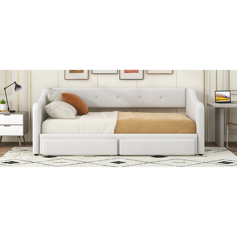 Beige, Expandable, Upholstered, Twin Xl To King Daybed, Pull - Out Drawers, Ergonomic Support For Back And Arm, Soft Fabric King, Upholstered Buttoned Drawer Surfaces, Comfortable