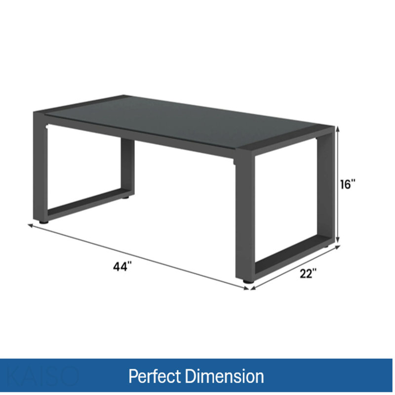 Table basse d'extérieur 44 po x 22 po en aluminium toutes saisons avec plateau en verre trempé