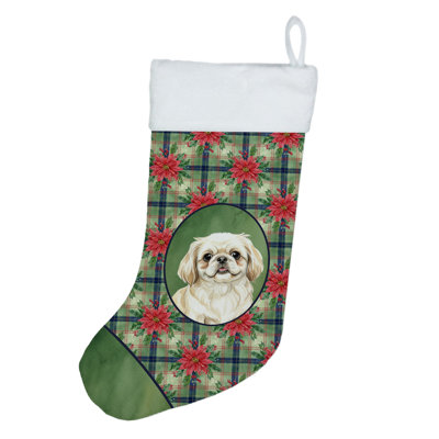 Cream Pekingese Christmas PoinsettIas Holiday Stocking