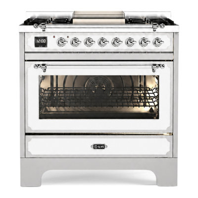 Cuisinière à double combustible ILVE série Décor 36 po avec 6 brûleurs scellés et plaque de cuisson (gaz naturel, porte vitrée)