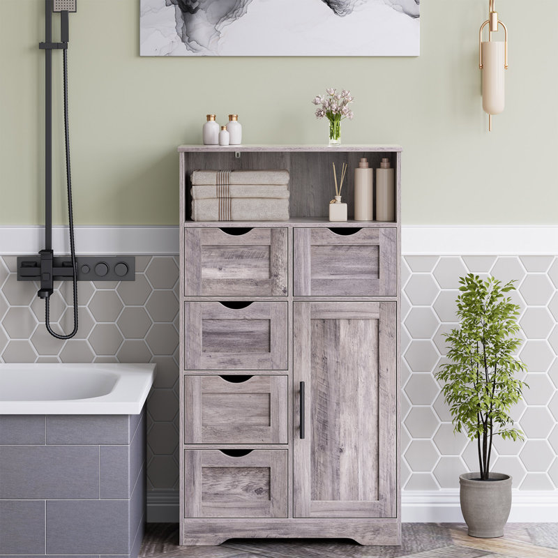 Armoire de rangement 5 tiroirs avec tablettes réglables, armoire de salle de bain avec portes, armoire de plancher