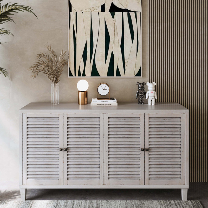  4-Door Shutter Cabinet - Rustic Whitewashed Sideboard with Adjustable Shelves | Entryway, Living Room & Dining Storage | Easy Assembly MDF & Fir Wood
