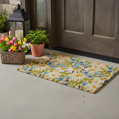 24" X 36" Brown Light Blue And Green Floral Outdoor Coir Door Mat