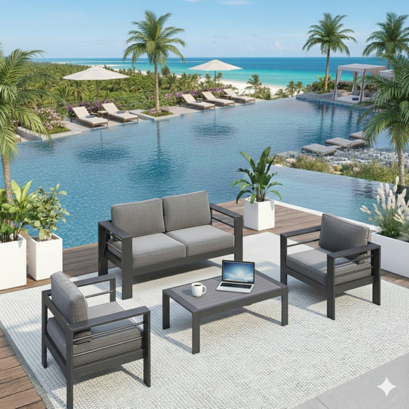 Ensemble de conversation de patio moderne en aluminium 4 pièces, Gris foncé