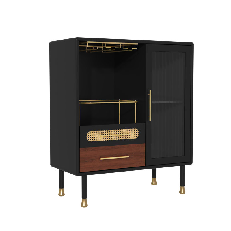 Meuble-bar moderne de 80 cm de large avec porte-verres à vin et tiroir de rangement, noir, Noir