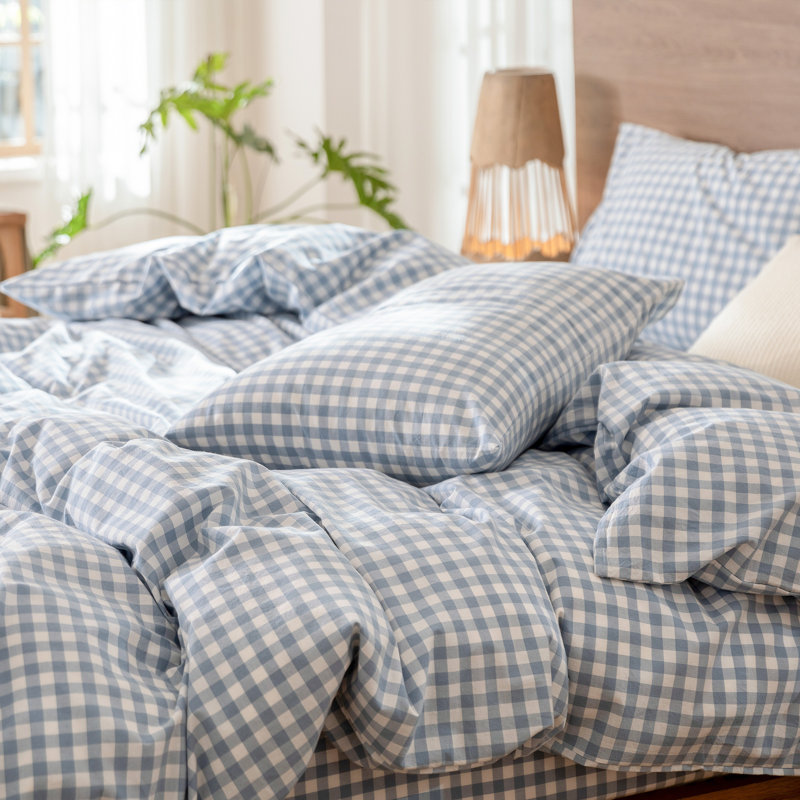 MooMee Gingham Duvet Cover Set 100% Washed Cotton Linen Like Lightweight, Twin Duvet Cover + 1 Standard Pillowcase