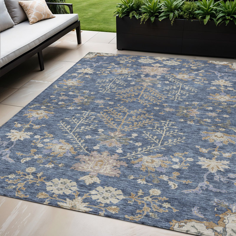 Tapis extérieur lavable floral bleu et beige 5 pi x 8 pi