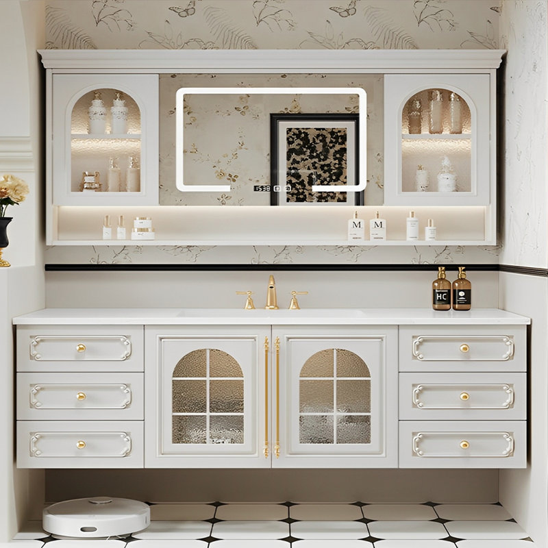 Armoire de salle de bain intelligente de style rétro français., Blanc cassé, H 19,69 po x l 70,87 po x P 19,69 po
